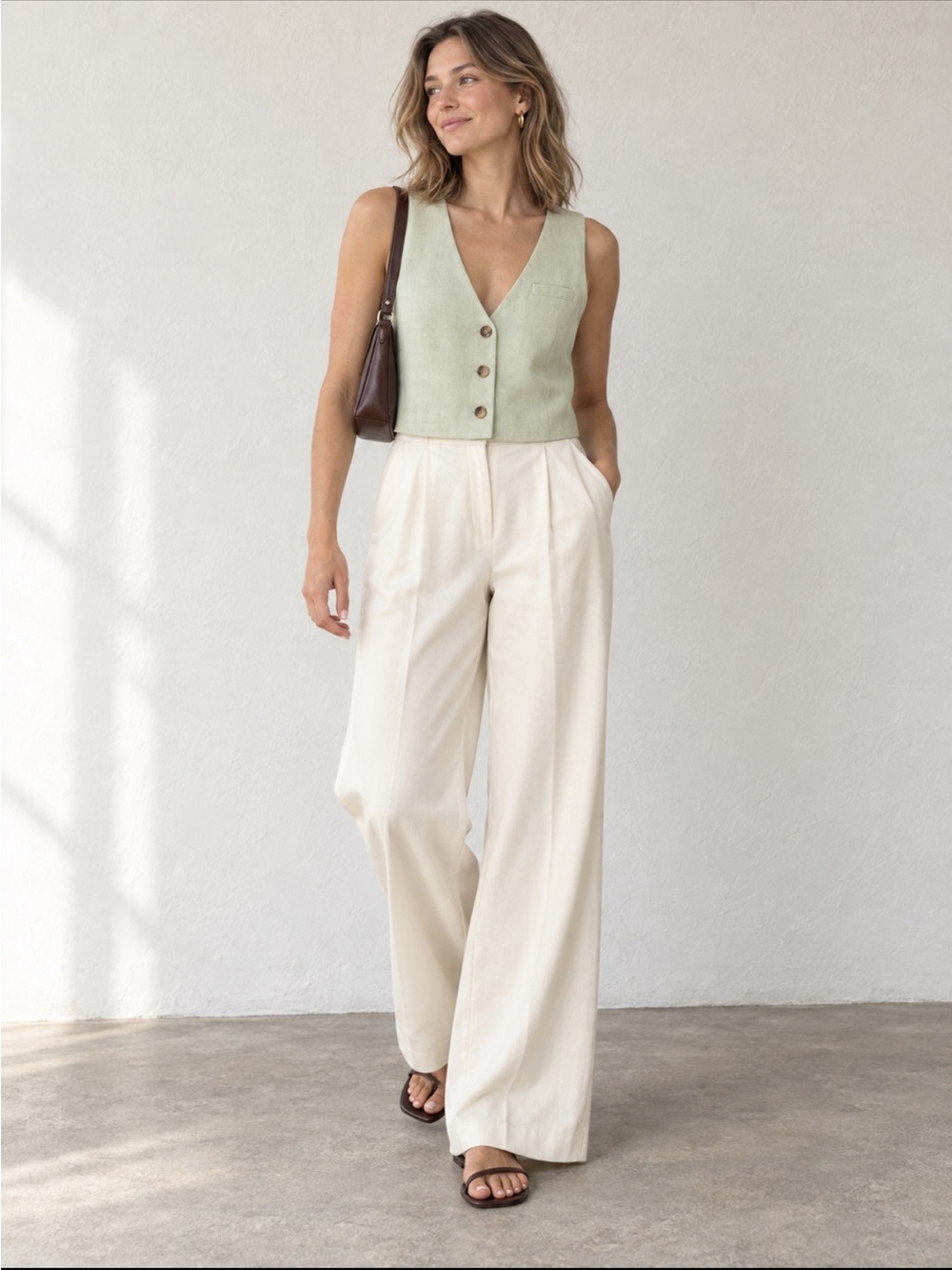 OAK + FORT Cotton Linen Vest in Sage Green